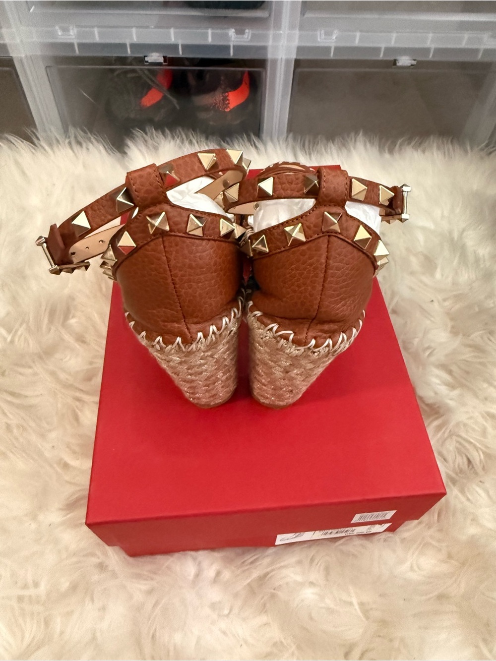 Valentino Brown Leather Rockstud Espadrille Wedge Sandals - Picture 3 of 7